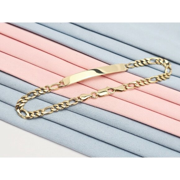 Unique 14K Karat Solid Yellow Gold Designer Figaro Link ID Bracelet - 8" Length